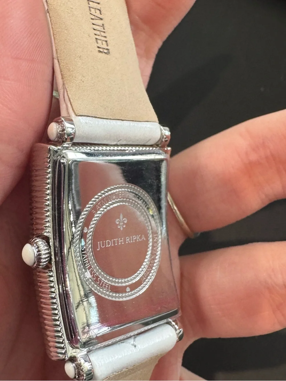 New Judith Ripka Stainless Steel Quilted Leather Tank Watch – White